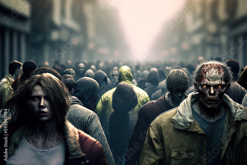 Zombies with scary faces in the crowd during the zombie apocalypse. Horror theme for Halloween or game party ad. Generated AI.