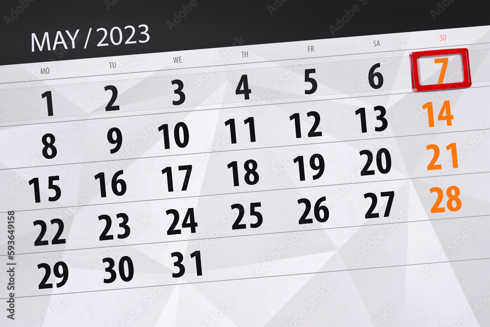 Obraz premium Calendar 2023, deadline, day, month, page, organizer, date, May, sunday, number 7