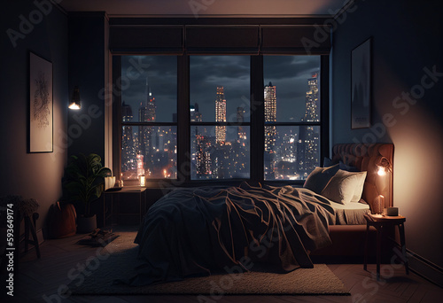 a bedroom, new york cityscape Generative AI