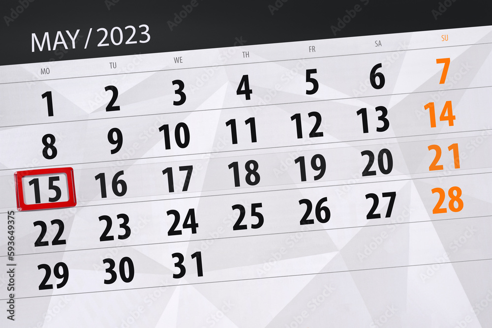 Calendar 2023, deadline, day, month, page, organizer, date, May, monday, number 15 Calendar 2023, deadline, day, month, page, organizer, date, May, monday, number 15