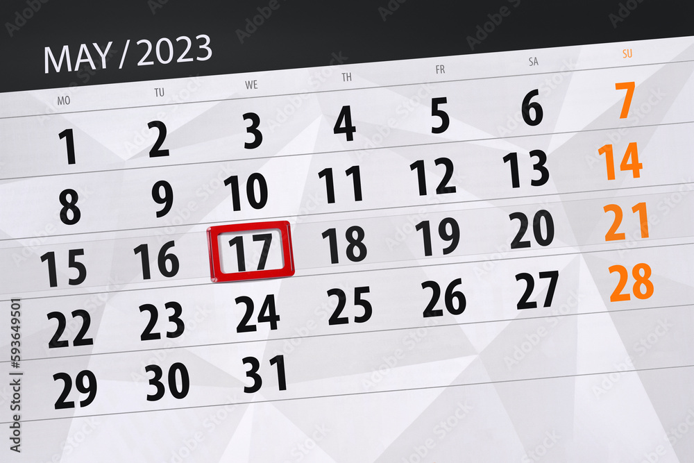 Fototapeta premium Calendar 2023, deadline, day, month, page, organizer, date, May, wednesday, number 17