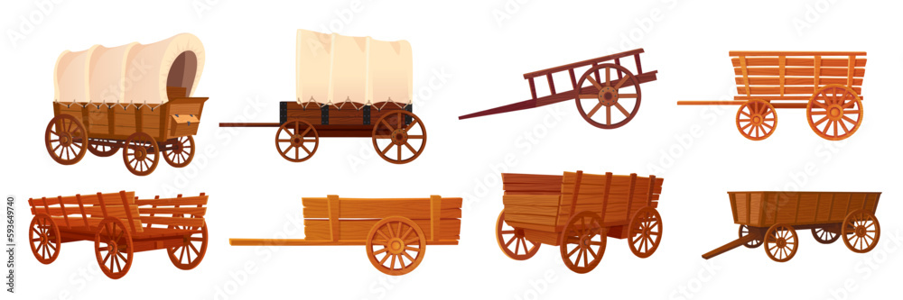 Fototapeta premium Wooden wagons. Covered tent wagon, farm handicraft vehicles old cartoon carts or western wheelbarrows, wild west carriage cowboy ancient travel cart, ingenious vector illustration