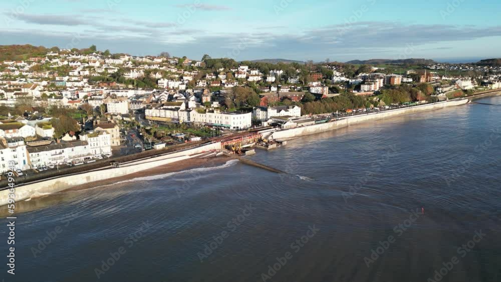 Aerial drone view of the town of Dawlish at the coast of an ocean in England, United Kingdom Aerial drone view of the town of Dawlish at the coast of an ocean in England, United Kingdom