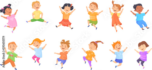 Kids jumping poses. Cute cartoon children jump pose, funny dance hands-up child different actions kid behaviour on leisure party, happy fun boy and girl simple vector illustration
