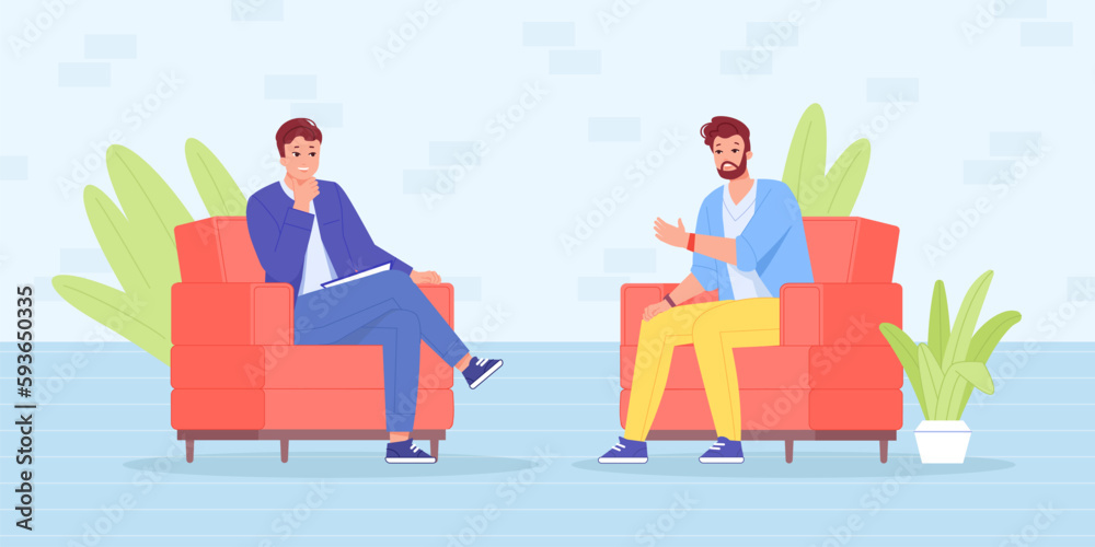 Tv interview with celebrity. Interviewee famous guest sitting on sofa chair of late night show hosting, professional conducting interviews stars personality, vector illustration Tv interview with celebrity. Interviewee famous guest sitting on sofa chair of late night show hosting, professional conducting interviews stars personality, vector illustration