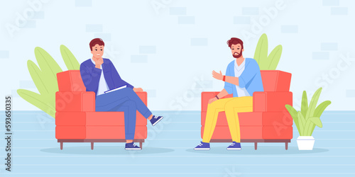Tv interview with celebrity. Interviewee famous guest sitting on sofa chair of late night show hosting, professional conducting interviews stars personality, vector illustration