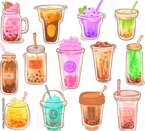 Cartoon bubble tea. Cool smoothie drinks in cups, boba milk shake asian beverages, smoothies dessert menu coffee mocha delicious hipster bubbles cocktail neat vector illustration