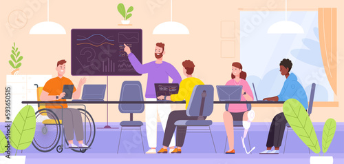 Inclusive office. Inclusion diversity equity workplace, diverse people team work communication, worker on wheelchair at job meeting handicap managing, splendid vector illustration