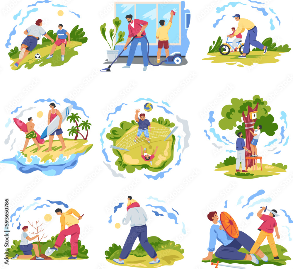 Father spending time. Dad parent spend vacations day with son boy, daddy toddler running playing in soccer or sword bicycle walk house cleaning together, recent vector illustration Father spending time. Dad parent spend vacations day with son boy, daddy toddler running playing in soccer or sword bicycle walk house cleaning together, recent vector illustration
