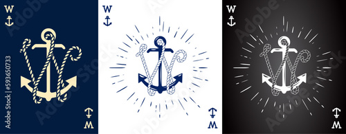 Set of three Vintage Label with an Anchor and Letter made of Ship Rope. Apparel t-shirt or Poster Design. Logotype Monogram with Playing Cards Style. Vector illustration.