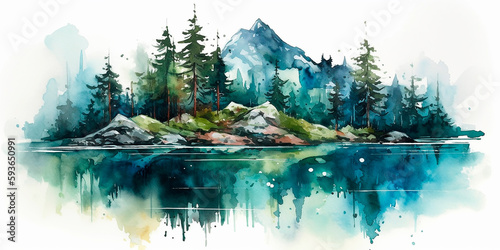 Watercolor illustration, forest and mountains reflected in the water. Generative AI.