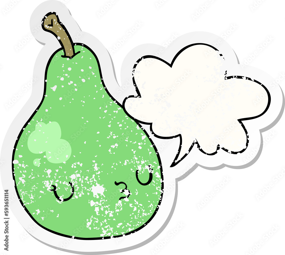cartoon pear and speech bubble distressed sticker