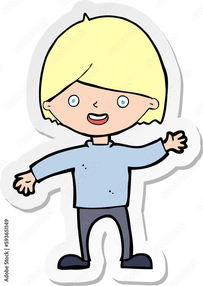 sticker of a cartoon waving boy sticker of a cartoon waving boy