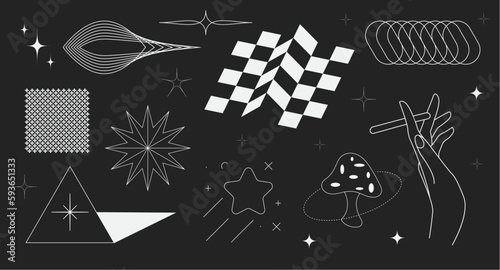 Super trendy geometric Y2K brutalism styled linear shapes. Set including stars, deformation, bubbles, arrows and other trendy shapes.