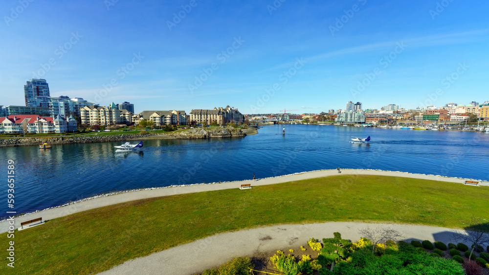 Panoramic view of Victoria Harbor, BC, in early Spring, seen from a waterfront hotel.