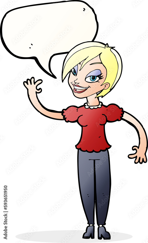 cartoon woman waving with speech bubble cartoon woman waving with speech bubble
