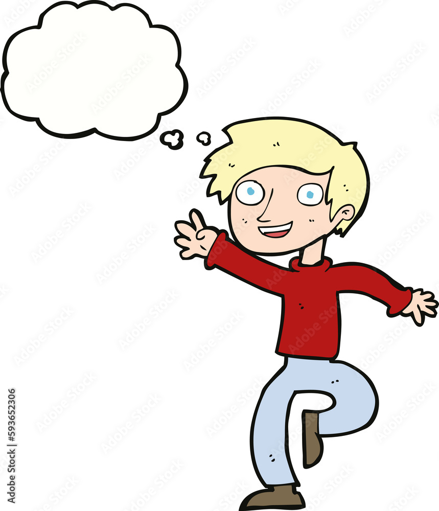 cartoon excited boy dancing with thought bubble