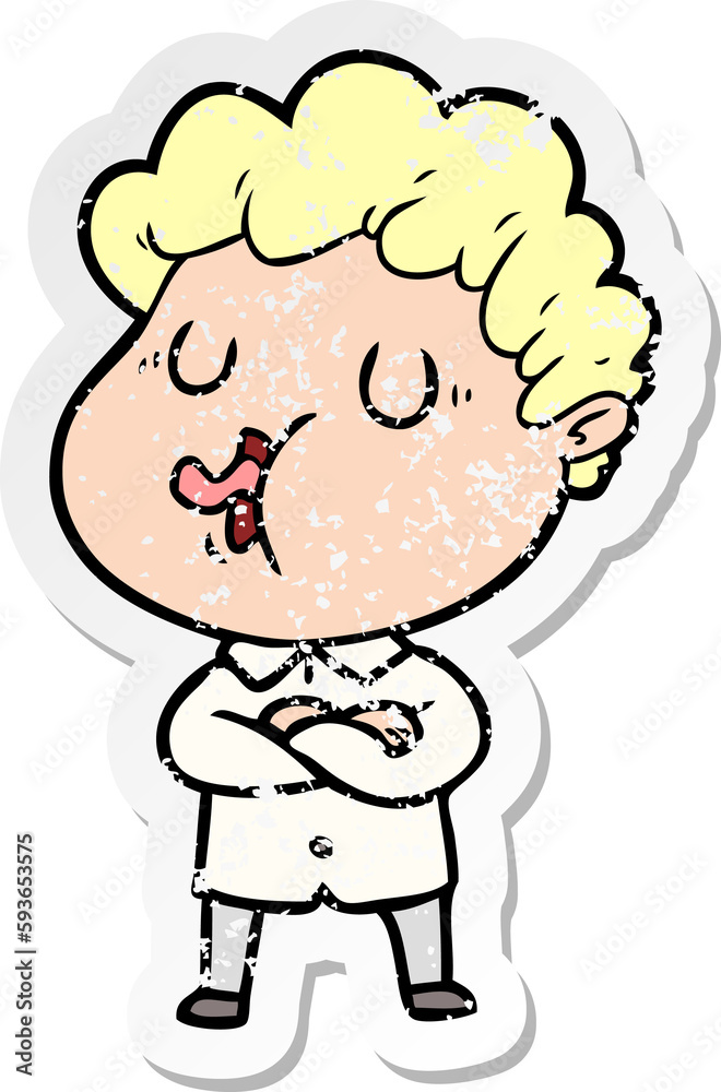distressed sticker of a cartoon man singing distressed sticker of a cartoon man singing