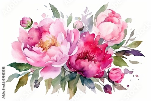 Watercolor pink magenta peony flowers bouquet. Generative Ai