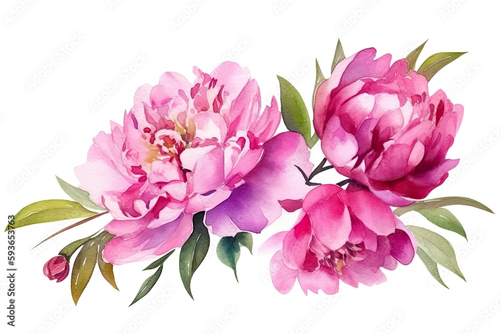 Watercolor pink magenta peony flowers bouquet. Generative Ai