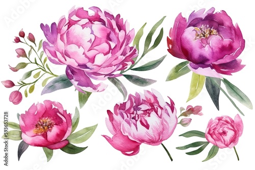 Watercolor pink magenta peony flowers bouquet. Generative Ai