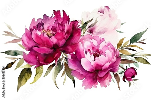 Watercolor pink magenta peony flowers bouquet. Generative Ai