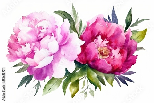 Watercolor pink magenta peony flowers bouquet. Generative Ai