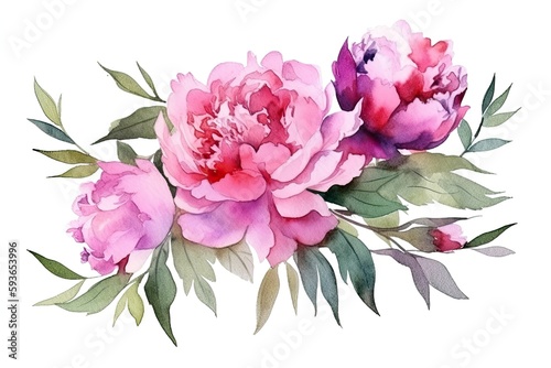 Watercolor pink magenta peony flowers bouquet. Generative Ai