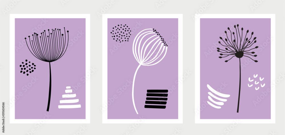 Collection of dandelion flowers with abstract elements. 