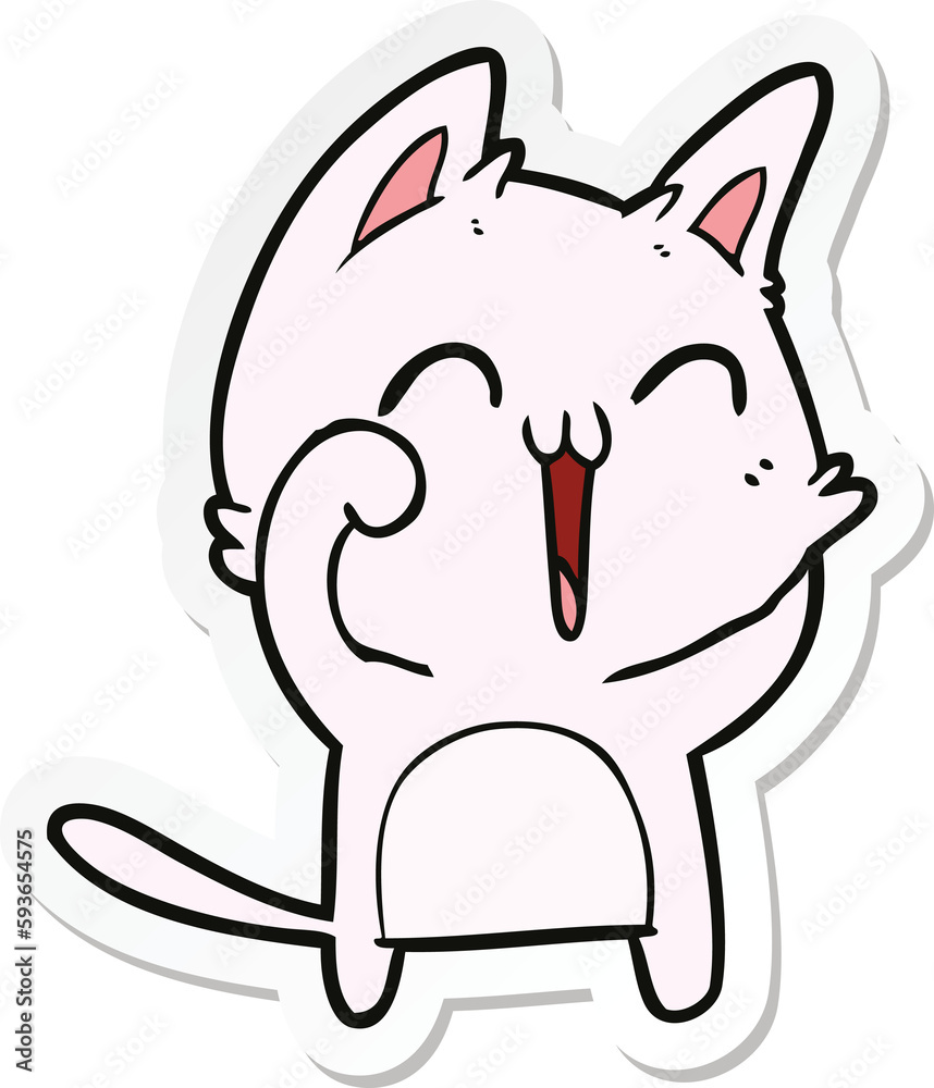 sticker of a happy cartoon cat meowing