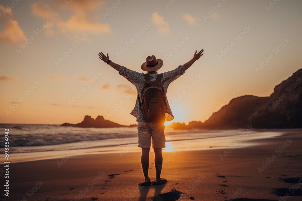 Happy man raising arms up on the beach.