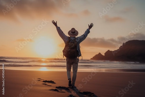 Happy man raising arms up on the beach.