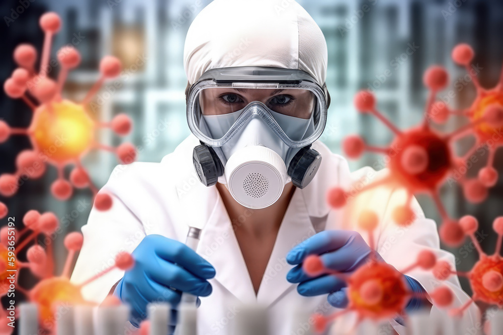 Protected Scientist Inspecting Test Tube: Molecular Display on Virtual Interface Background.Generative AI Protected Scientist Inspecting Test Tube: Molecular Display on Virtual Interface Background.Generative AI