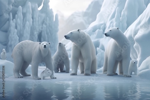 A detailed illustration of a group of arctic animals  such as polar bears or penguins  in their icy habitat  Generative AI