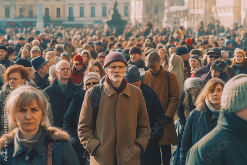 Crowd of people of different ages in the square in the city at a public event. Generative AI.