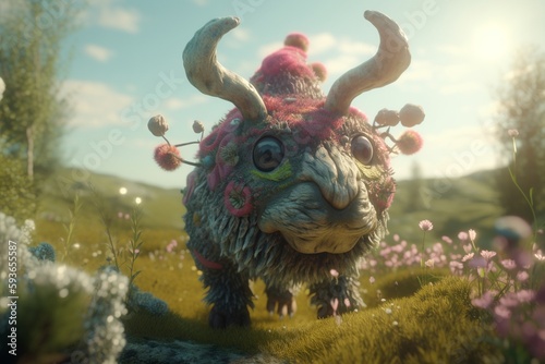 A whimsical illustration of a creature or character from a fairy tale in a magical landscape, Generative AI