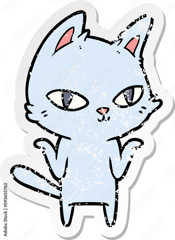 distressed sticker of a cartoon cat staring distressed sticker of a cartoon cat staring