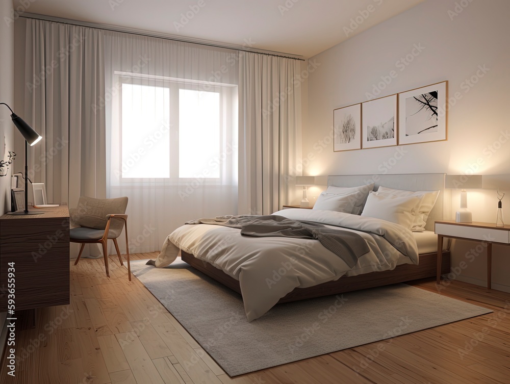 Illustration of a modern bedroom interior, Generative AI.