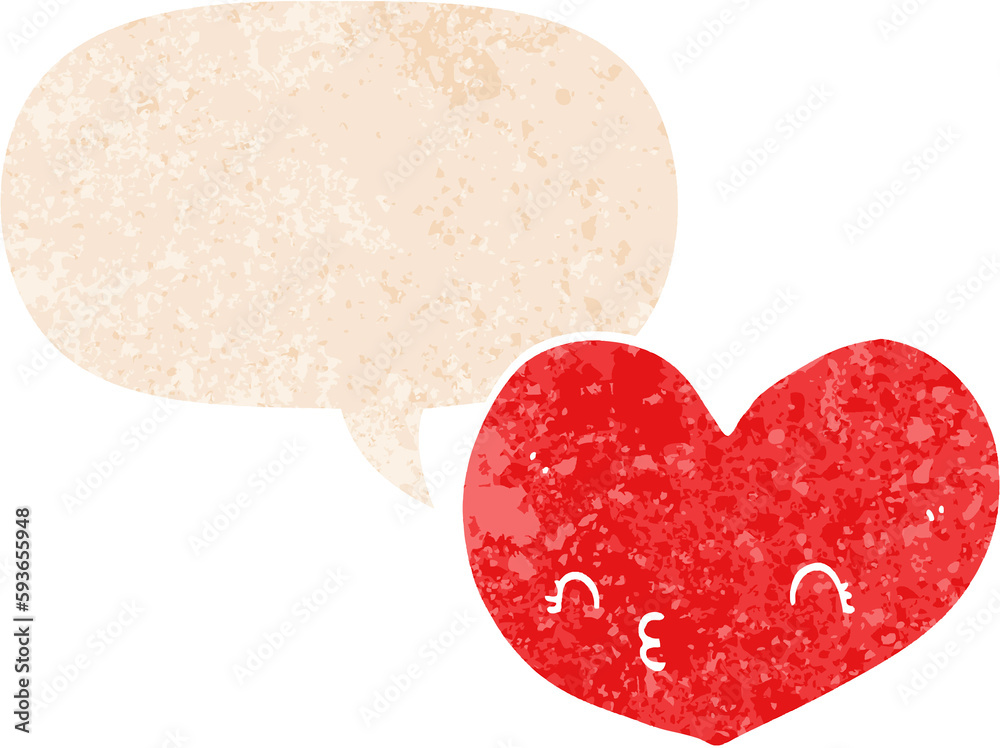cartoon heart with face and speech bubble in retro textured style