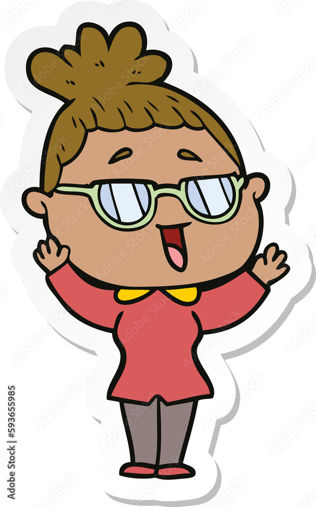 sticker of a cartoon happy woman wearing spectacles