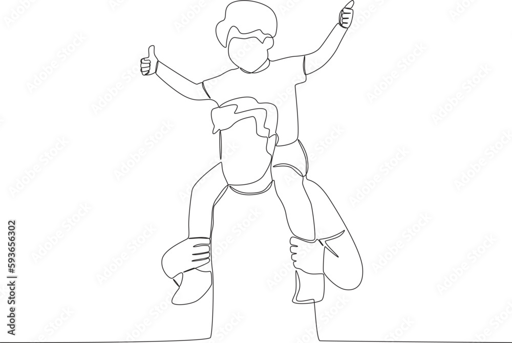 A boy in his father's arms while making an okay pose. Father's Day one-line drawing