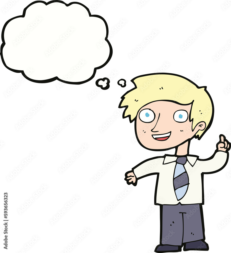 cartoon school boy with idea with thought bubble cartoon school boy with idea with thought bubble