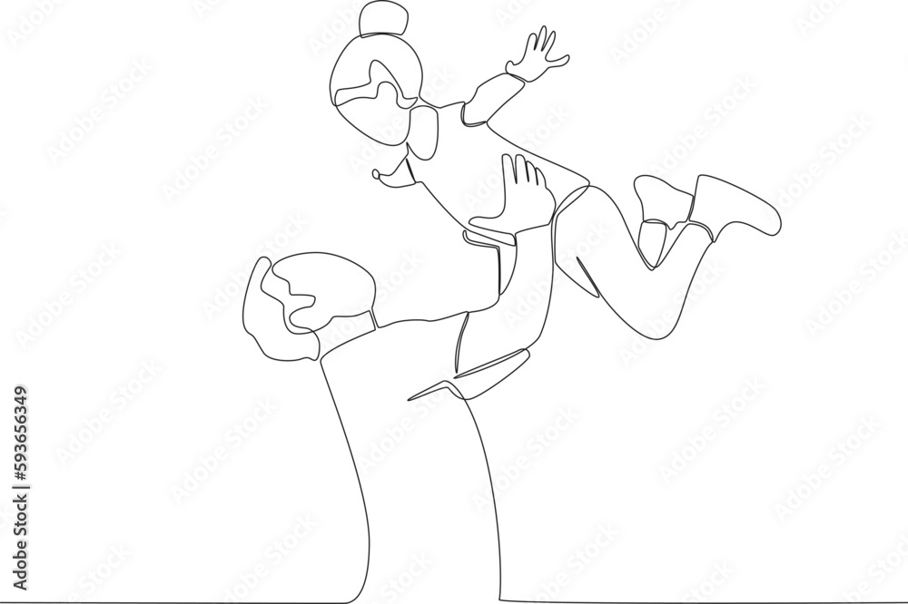 A father raises his child while playing. Father's Day one-line drawing A father raises his child while playing. Father's Day one-line drawing
