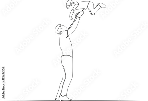 A father is excited to play with his son. Father's Day one-line drawing