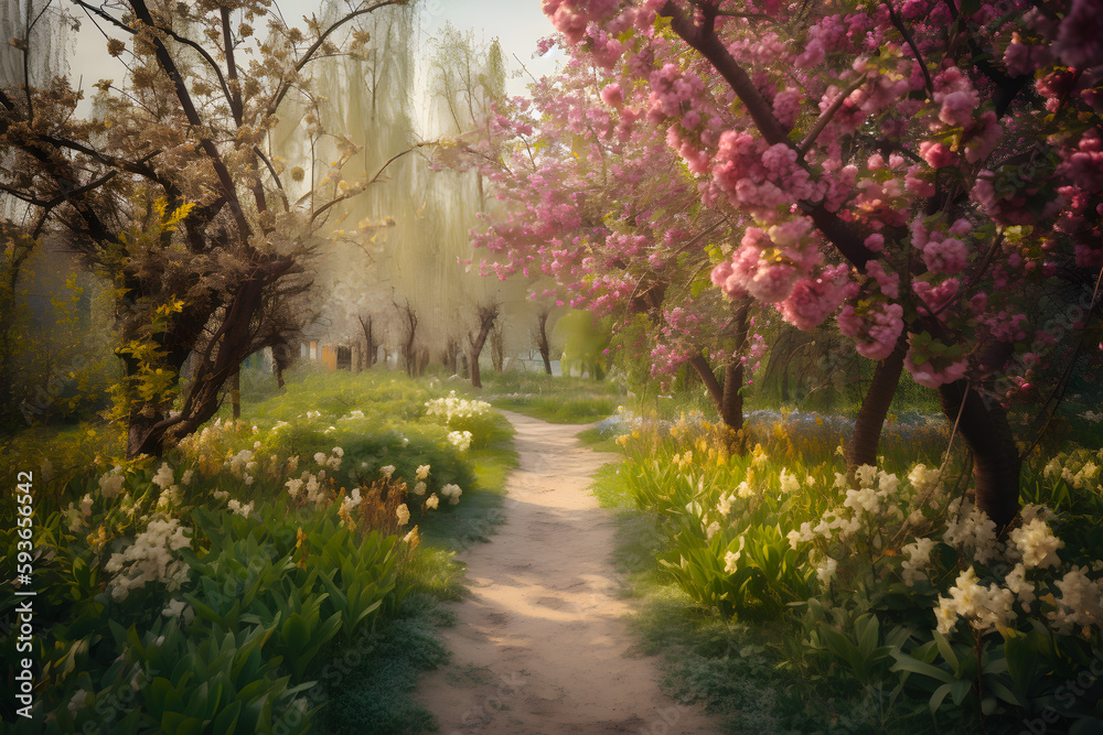 Spring garden park with empty path among various flowers and trees. Generative AI