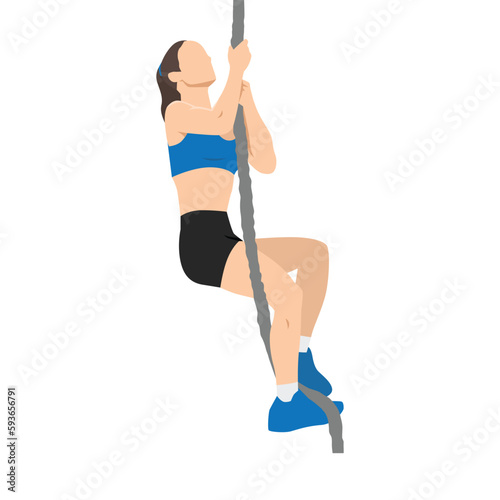 Woman doing rope climbing exercise for sport and endurance. Flat vector illustration isolated on white background