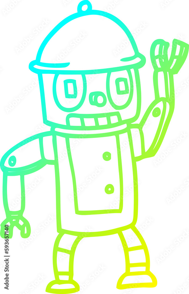 cold gradient line drawing cartoon robot waving