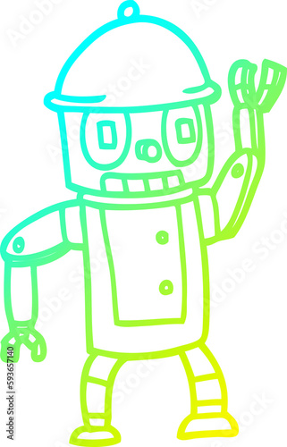 cold gradient line drawing cartoon robot waving