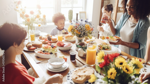 A family gathered around a festive breakfast table  celebrating Mother s Day with homemade food and fresh flowers.