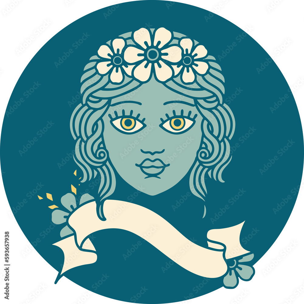 icon with banner of female face with crown of flowers icon with banner of female face with crown of flowers